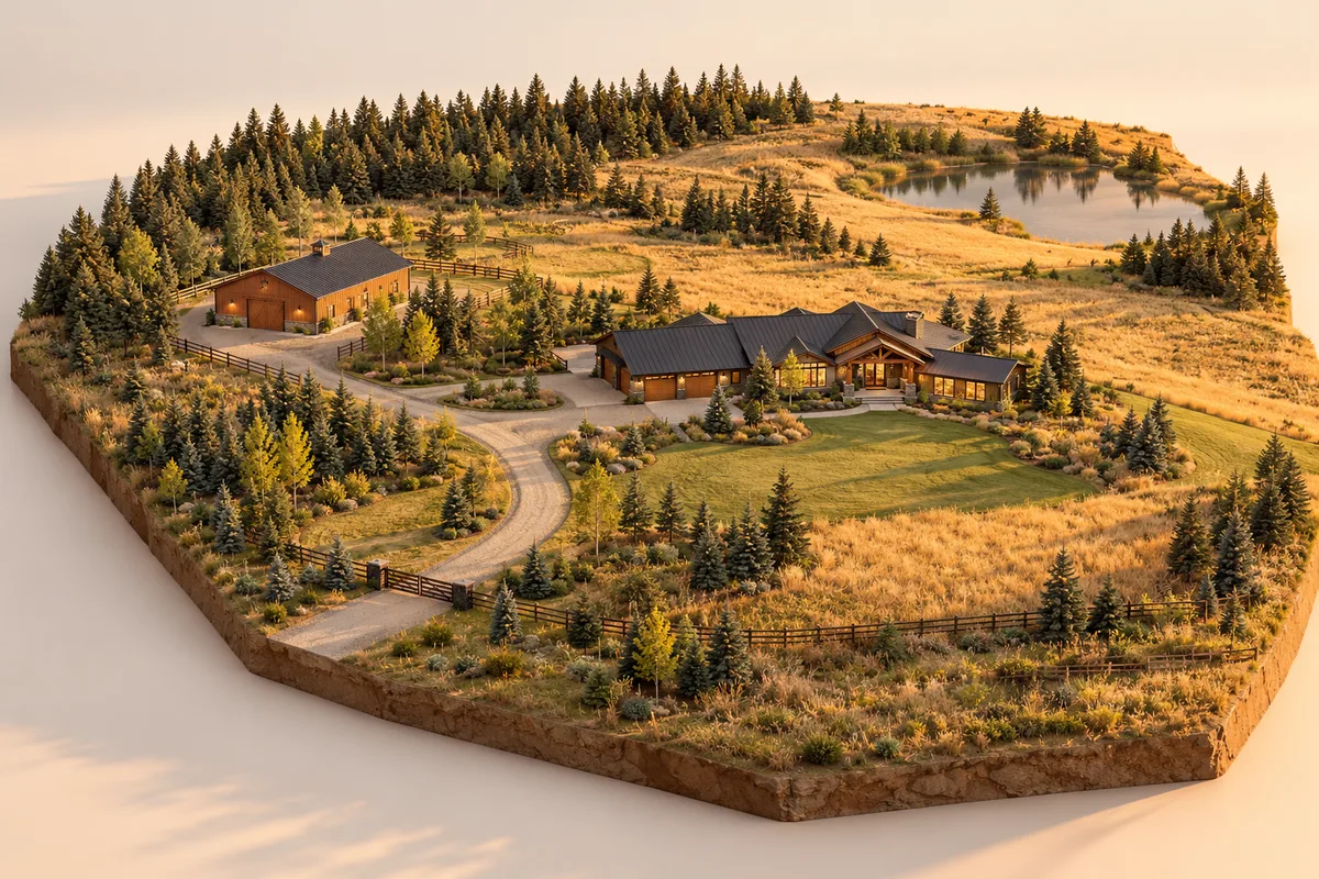 Conceptual architectural miniature showing a modern country home, barn, driveway, meadow and shelterbelt