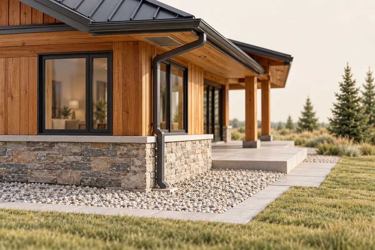 Conceptual close-up showing a country home roof edge, gutter, gravel perimeter and planting beyond the wall