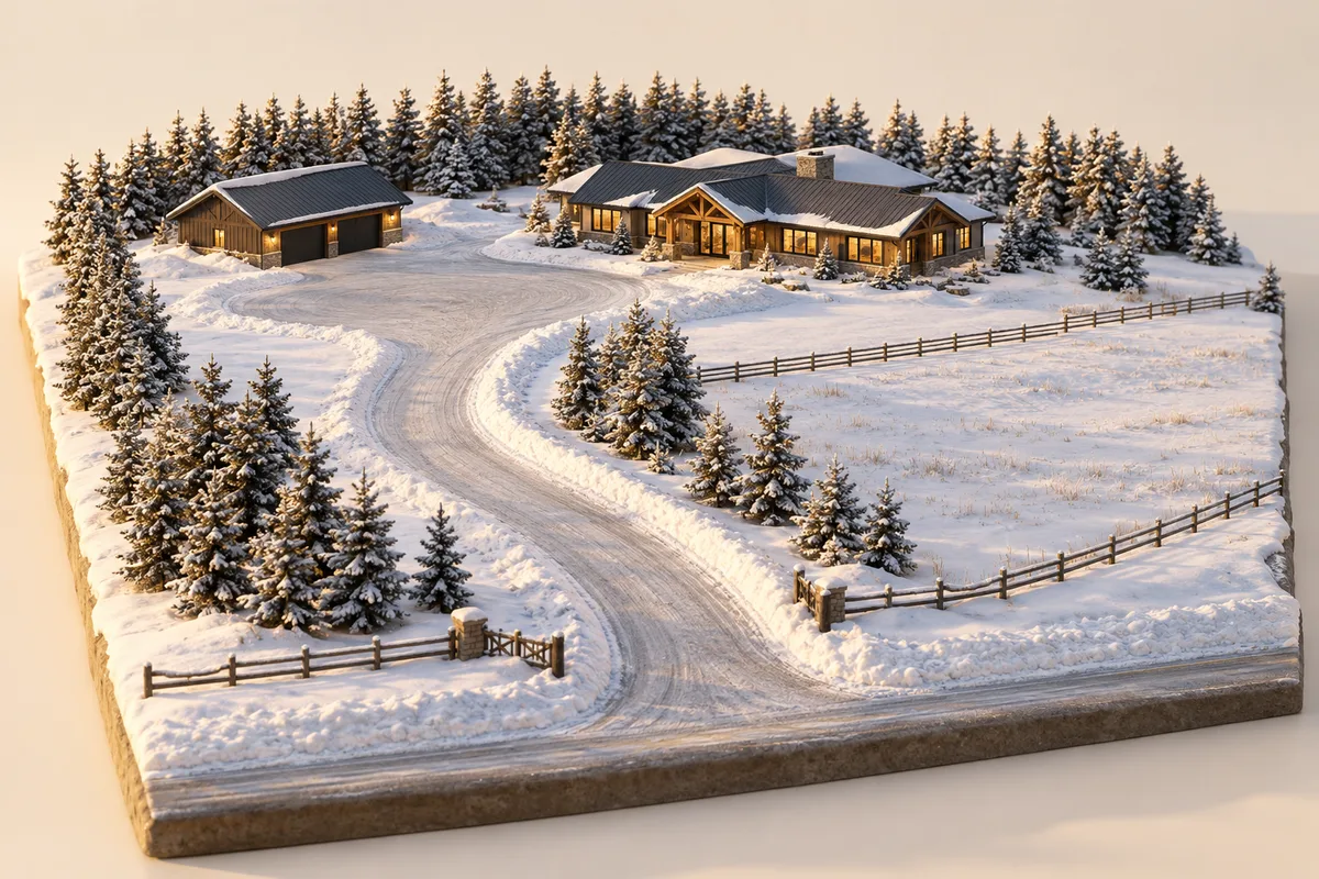 Conceptual miniature showing a ploughed country driveway, turning area, shelterbelt and home in winter