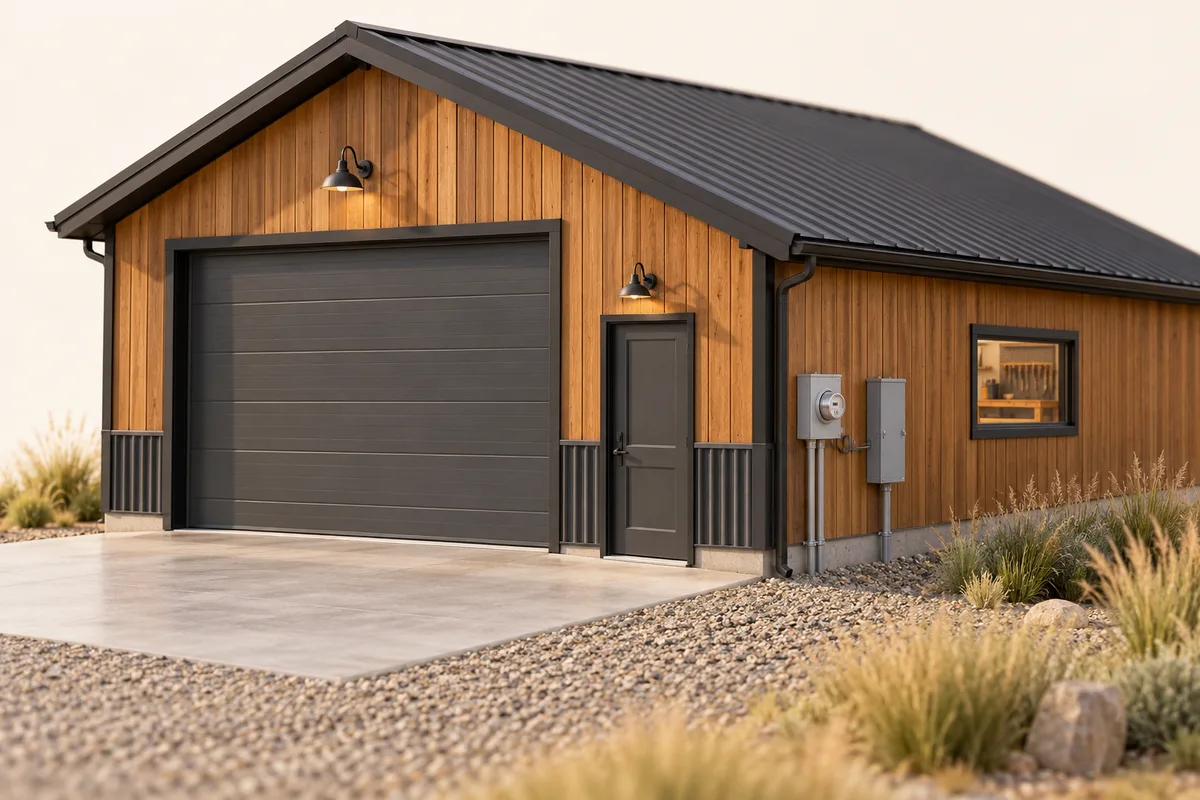 Conceptual close-up of a cedar acreage workshop with overhead door, service entrance and gravel approach